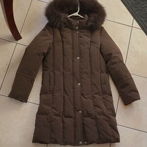 Like new Utex long jacket real fur Women's Brown Hooded Coat Size S